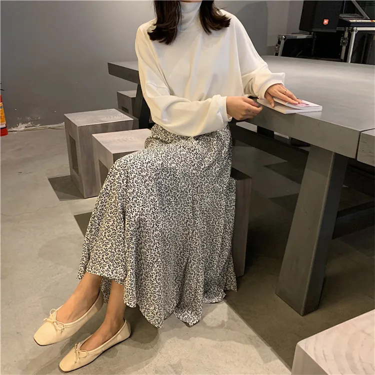 

Women Elegant Floral Print Pleated Skirt Elastic High Waist Long Skirt Female Autumn Ladies High Quality Midi Skirt Saia