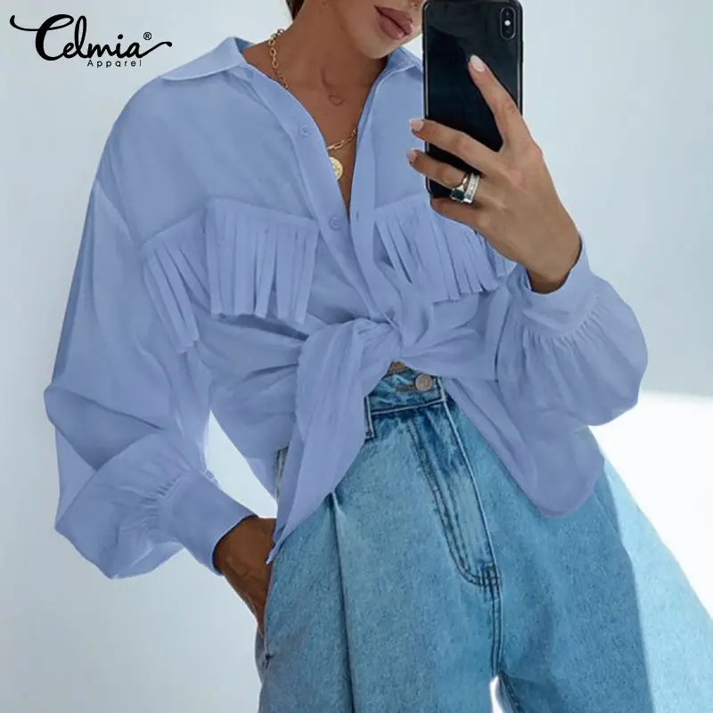 

Celmia Fashion Spring Blouses Women Elegant OL Tops Casual Lapel Lantern Sleeve Shirts Solid Office Tassel Blusas Femininas