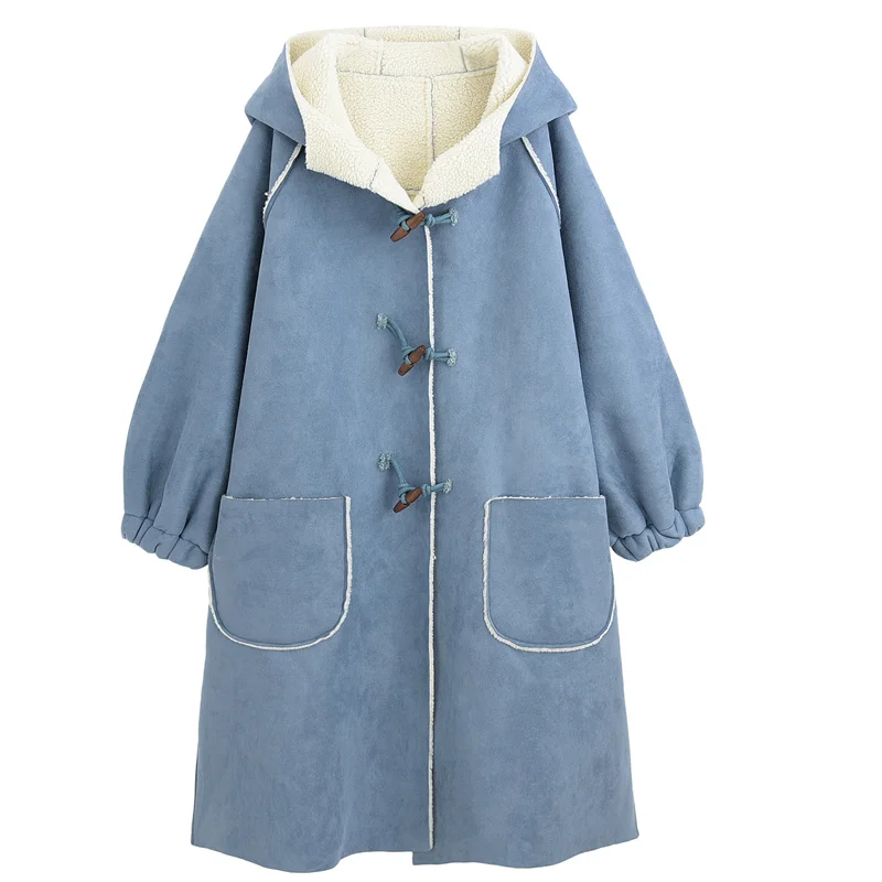 

Winter Oversized Hooded Parka Women 2020 New Lamb Wool Blue Loose Overcoat Thicken Warm Cottom Padded Long Jacket Outwear Female