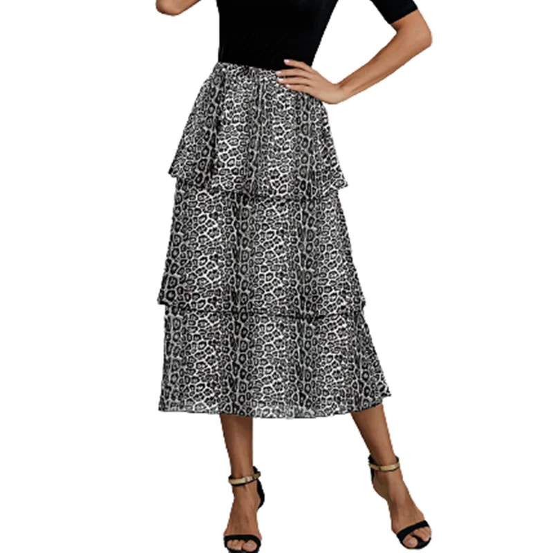 

Fashion Leopard Print Three-Layer Midi Skirt Women Spring Autumn Elastic Waist With Cake Party Skirt Street Ladies White Vestido