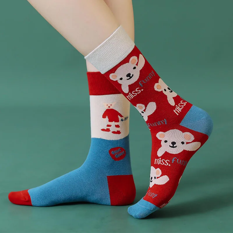 Spring and Autumn New Ladies Long Tube Socks Flowers Cartoon Tide Socks Asymmetric Socks AB Socks Letter Bear  Compression Socks