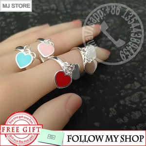 hot sale s925 sterling silver ring classic fashion women enamel double heart shaped ring luxury brand jewelry valentines gifts free global shipping