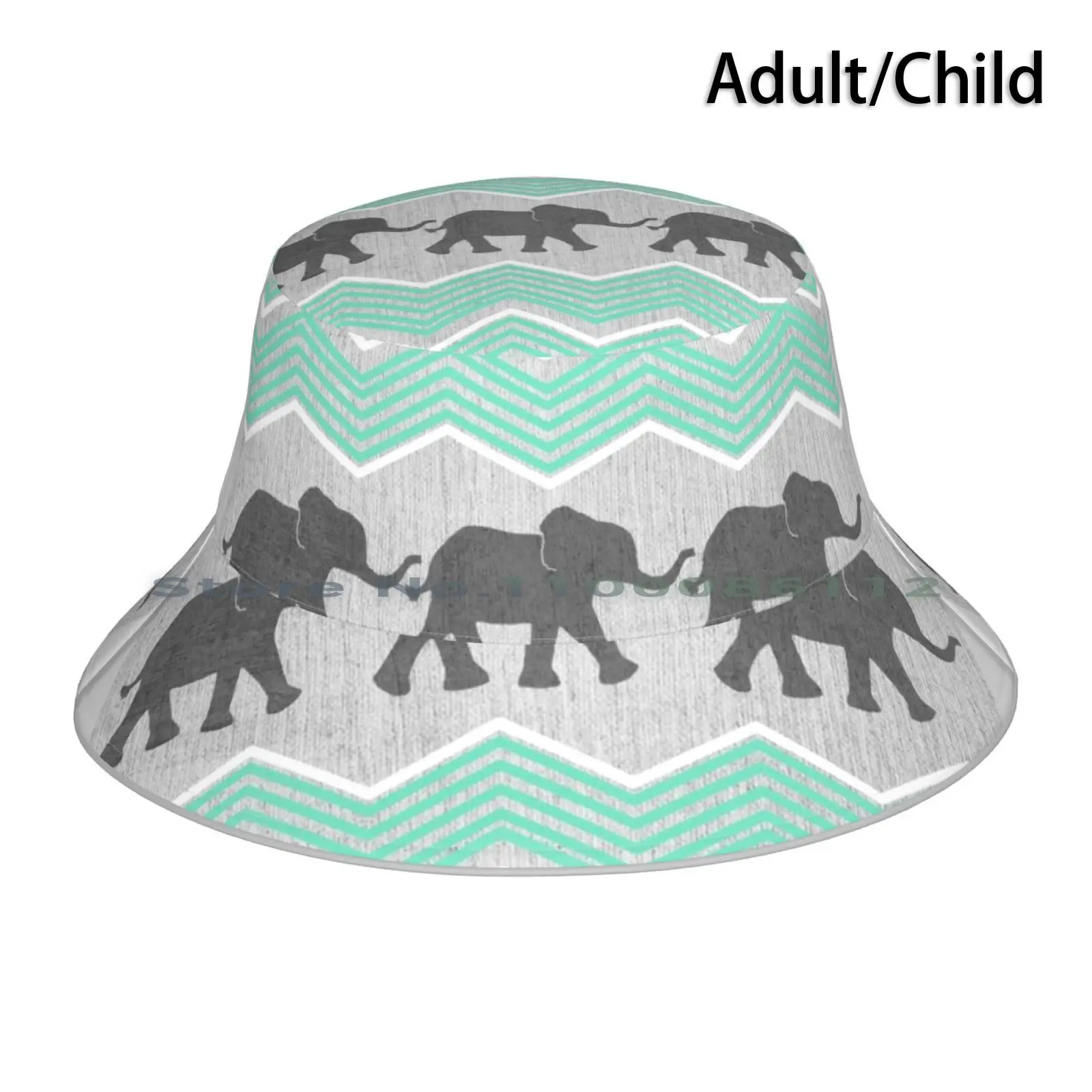 

Three Elephants Bucket Hat Sun Cap Grey Teal Turquoise Blue Wood Silver Animals Zig Zags Mint White Textured Graphic Cute