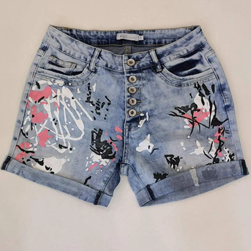 

Summer Hot Sale Street Style Women's Jeans Casual Pocket Shorts Wash Printing High Waist Fashion Graffiti Button Jeans