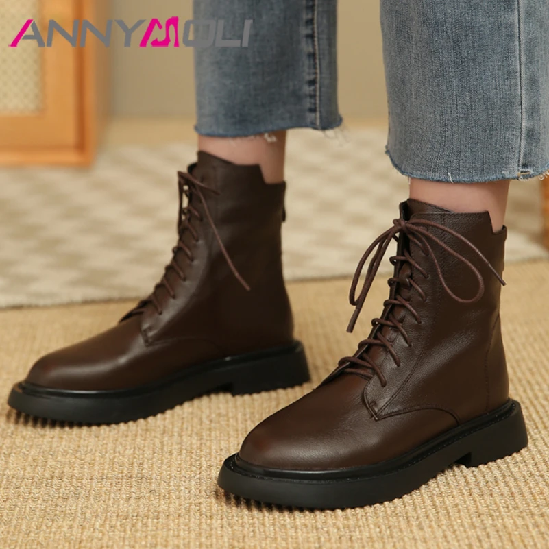 

Ботинки женские ANNYMOLI, из натуральной кожи, на шнуровке, с круглым носком, на плоской платформе, ботильоны, Осень-зима, 40