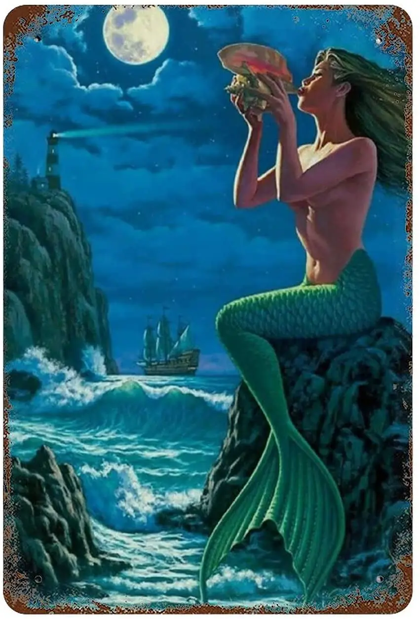 

Mermaid Moon Tin Metal Sign Vintage Aluminum Plaque Home Garden House Wall Art Decor - 8x12 Inch
