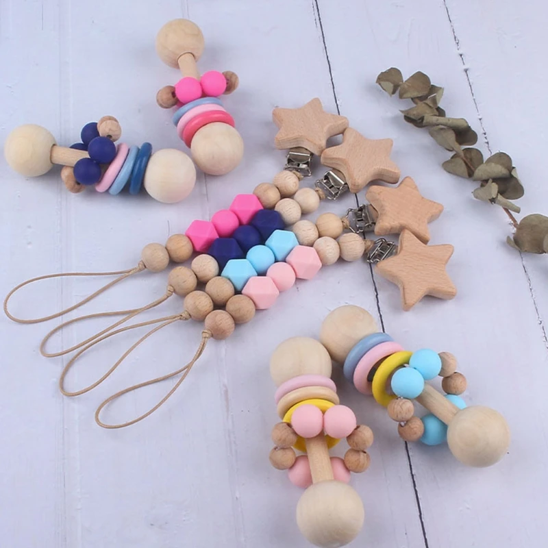 

Baby Pacifier Chain Clip Rattle Set Nipple Dummy Holder Wooden Teething Soother Toy Newborn Teether Molar Gifts