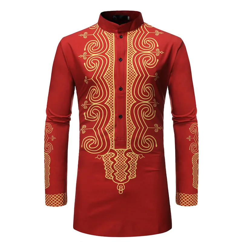 

Red Men Shirt African Clothes Nice Brand African Dashiki Robe Print Dress Shirt Men Long Sleeve Streetwear African Clothing XXL