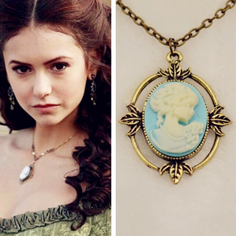 Vampire Diaries Necklace Katherine Pierce Cameo Beauty Head Pendant Movie Jewelry Vintage Bronze Rhinestone Necklaces | Украшения и