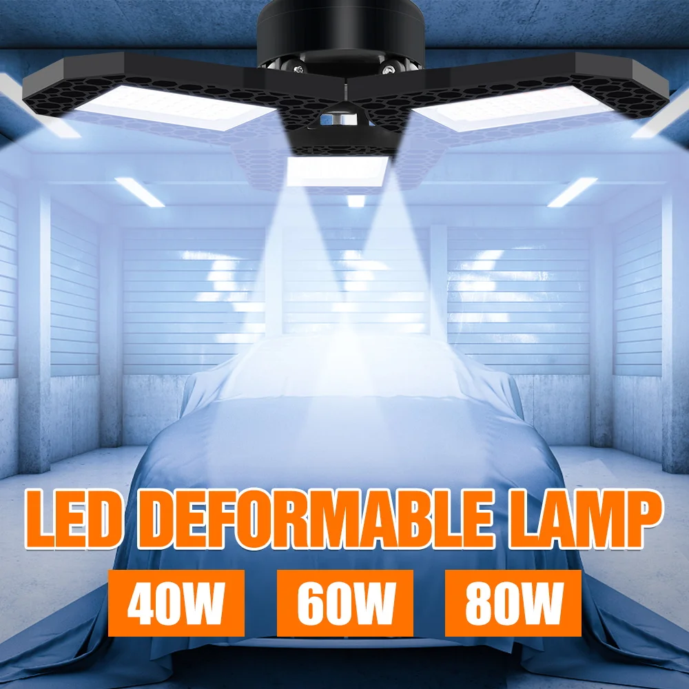 

E27 Garage Light E26 Ceiling lamp UFO High Bay Lamp LED Bulbs 3 Leaf Foldable For Shops Warehouse Workshop Lighting 60W 80W 100W