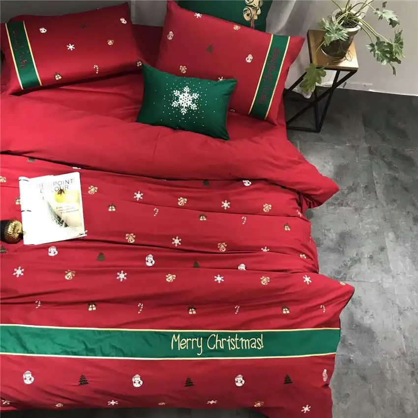 

Queen King Luxury Red Green Christmas Bedding sets Gifts Egyptian cotton Embroidery Duvet cover Bed sheet set Decorative Pillow