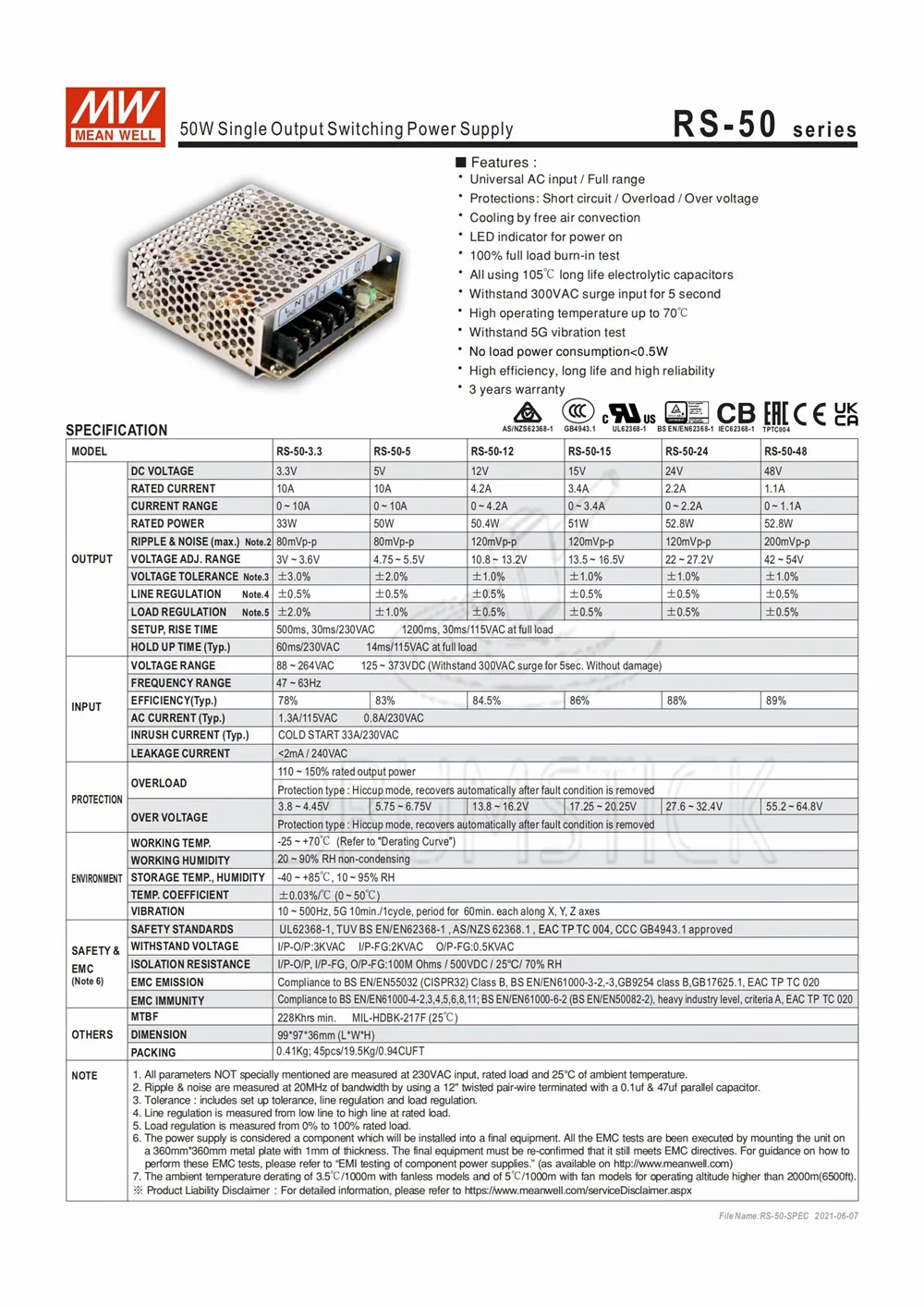 MEAN WELL закрытый тип RS-50W-12/15/24/3.3/48/5V без PFC (Single Vo) RS series 50W одиночный выходной