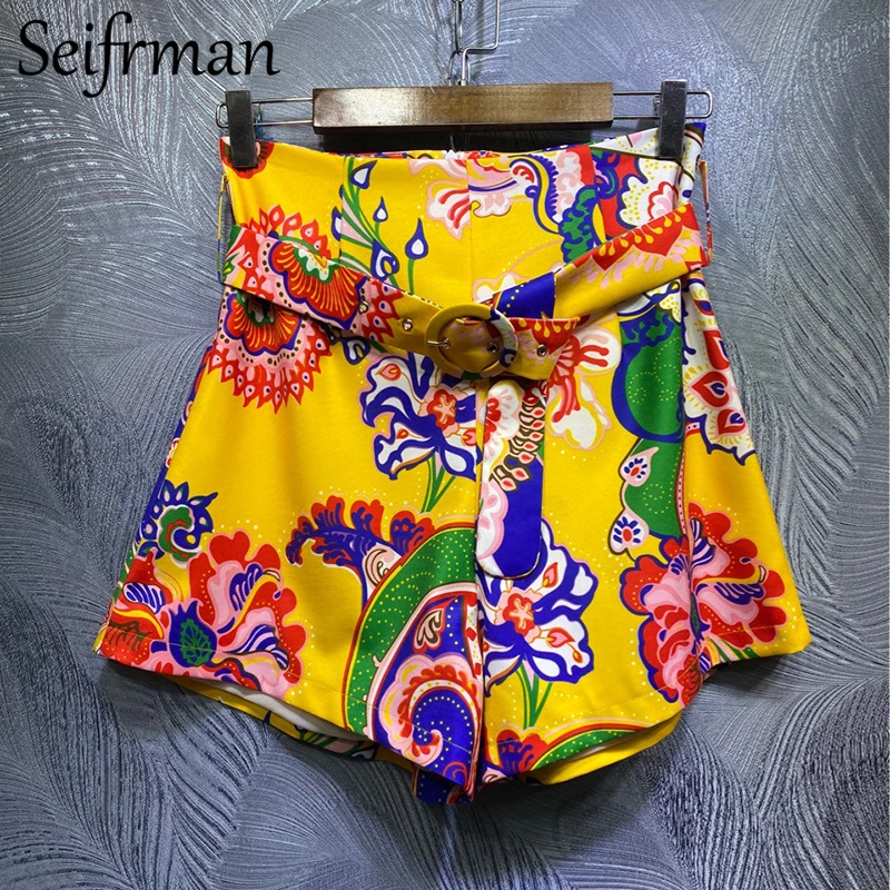 

Seifrmann New 2021 Summer Women Fashion RunwayShorts Set Lantern Sleeve Loose Tops+High Waist Print Shorts 2 TwoPiecesSuits