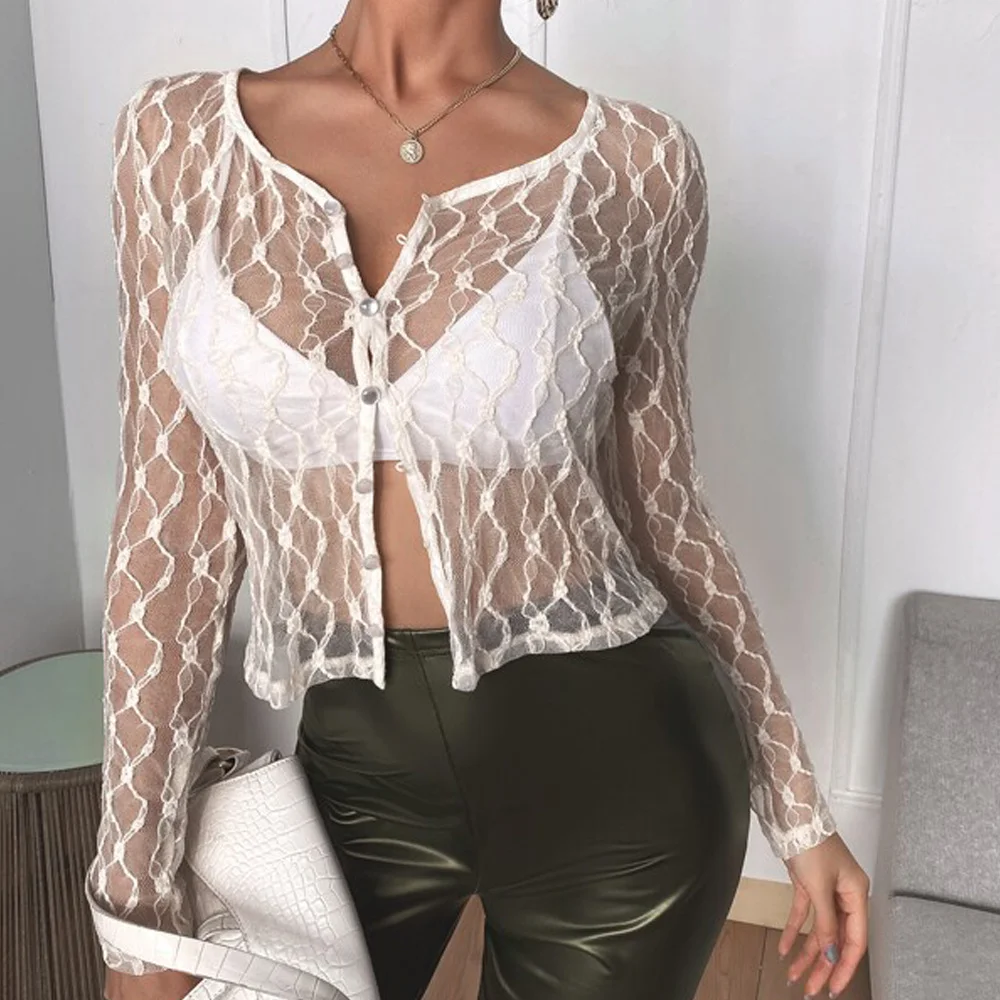 

Women Sexy Lace Tops Smocks See-through Long Sleeve Round Neck Button Down Cardigan Crop Tops Fashion Mesh Sheer T-Shirt