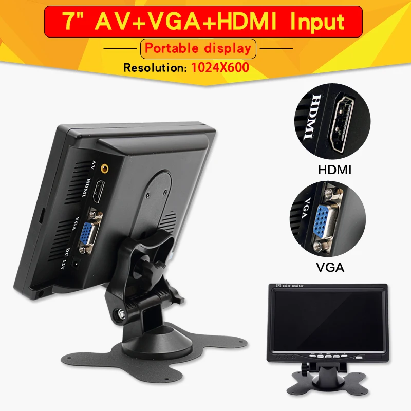 

New. 7-inch Portable display 1024x600 IPS screen AV camera monitor of Engineering truck Harvester HDMI-compatible VGA D-SUB