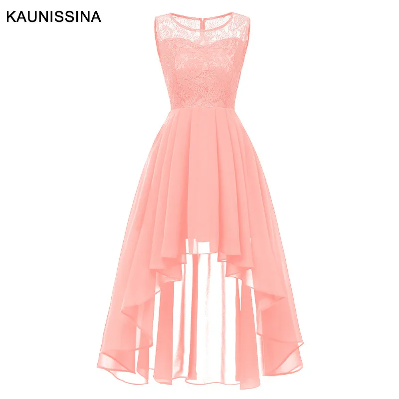 Pink KAUNISSINA, Женские коктейльные платья, асимметричное шифоновое кружевное платье для банкета, сплошное платье на молнии сзади, платья для выпускного вечера - Цвет: Pink
