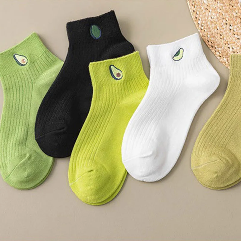 

New Women Cotton Short Socks Solid Avocado Embroidery Socks Casual Joker For Ladies Concise College Style Breathable Sox Trendy