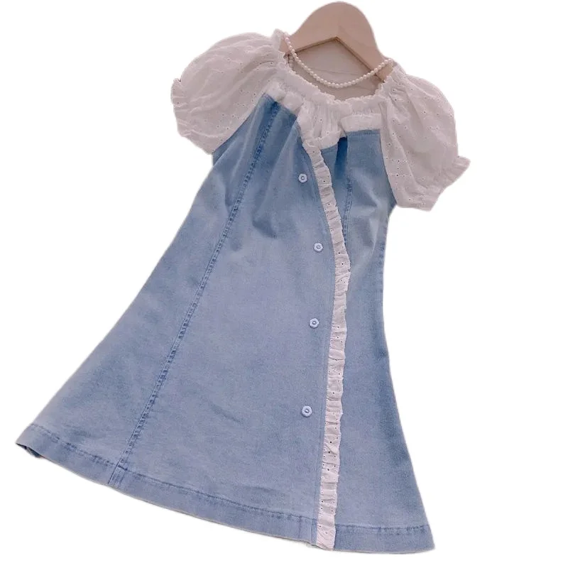 

Girls Dress Summer New Casual Lace Patchwork Denim Dress Children Clothing Vintage Puff Sleeve Princess Dresses Party 2-12 Years