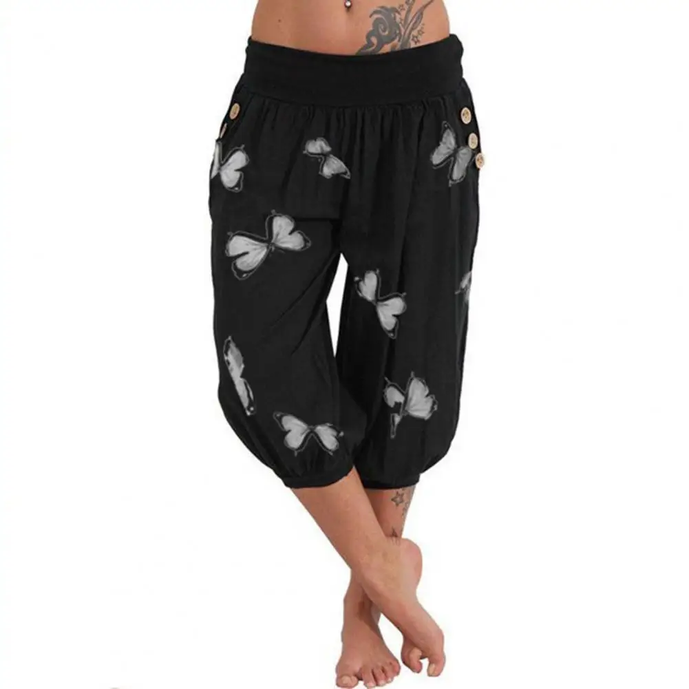 

75% Hot Sales!!! Capri Pants Fashion Butterfly Printed Harem Women Summer Buttons Pant for Streetwear