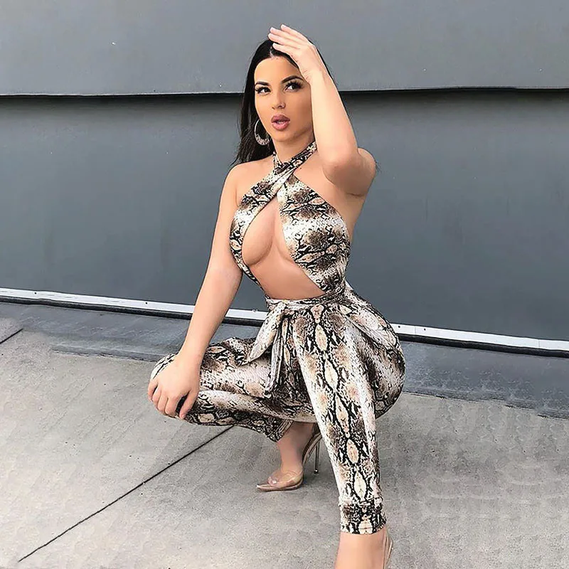 

Casual Hollow Out Backless Jumpsuits Women Criss Cross Lace Halter Long Pants Summer Sleeveless Bodycon Streetwear Rompers