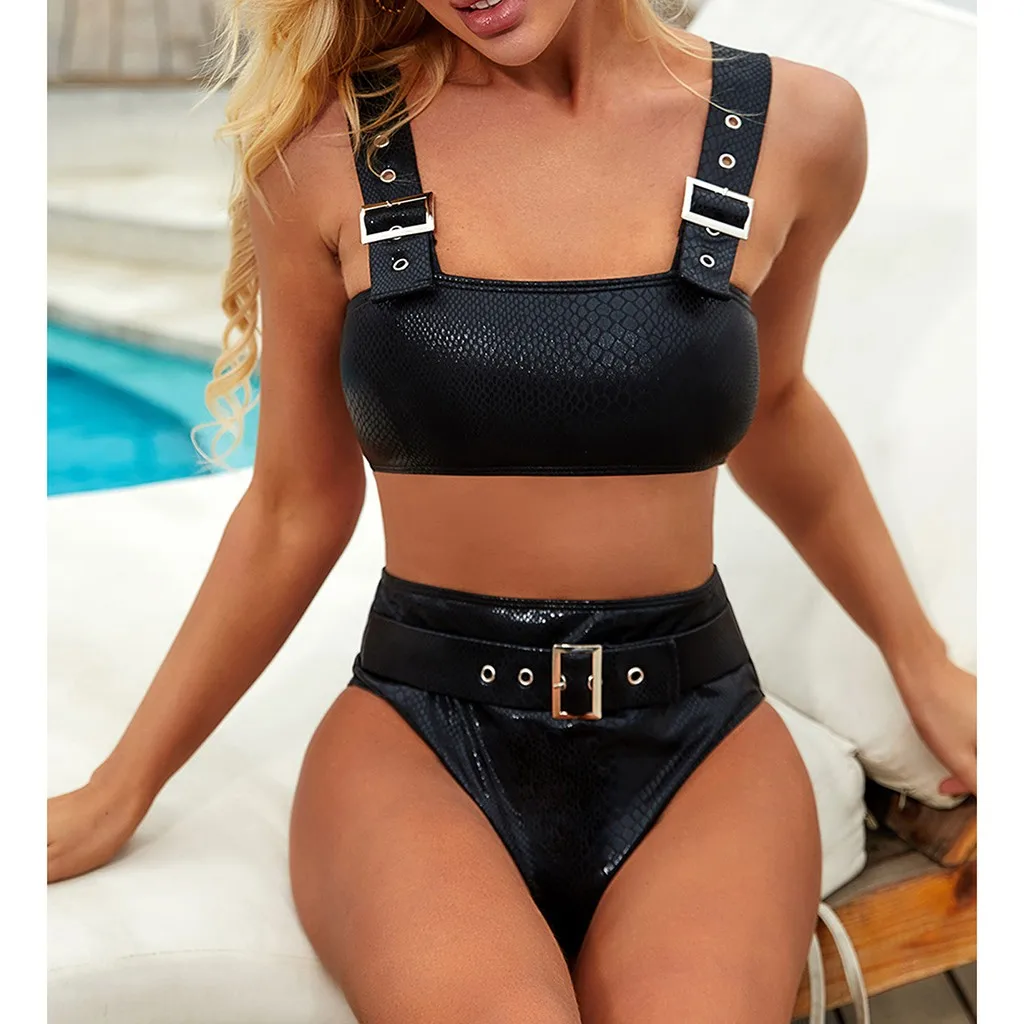 Бикини бандо текстура печать с ремнем Пряжка стринги купальник 2 шт. набор