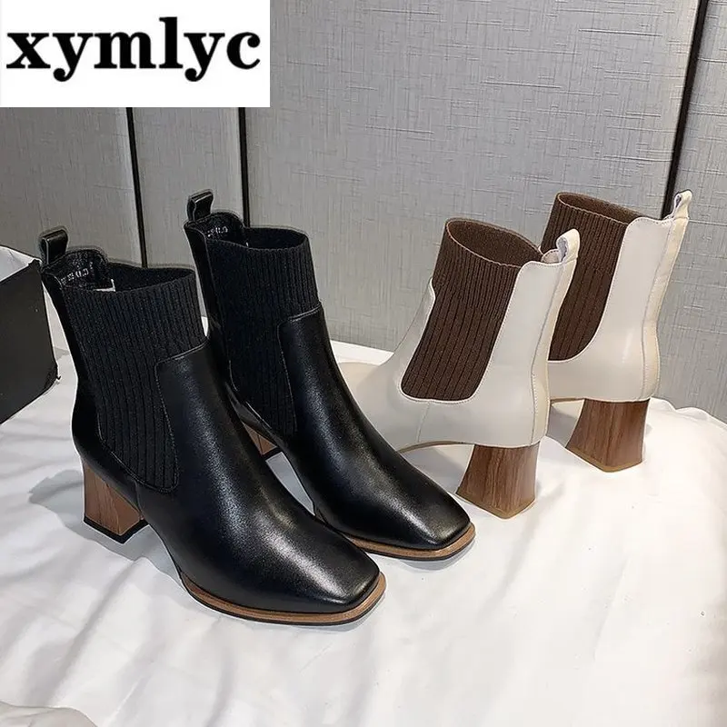 

Women Boots High Heels Black Knitting Booties 2020 Winter Woman Dress Shoes Square Toe Stretch botas retro mujer