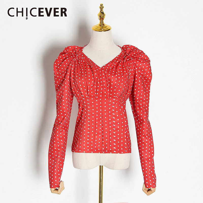 Женская блузка с рюшами CHICEVER Весенняя в горошек v-образным вырезом длинными
