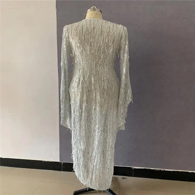 

Flare Sleeve Tassel Sequin Dress 2021 Women V Neck High Split Bodycon Club Party Runway Long Maxi Glitter Dress