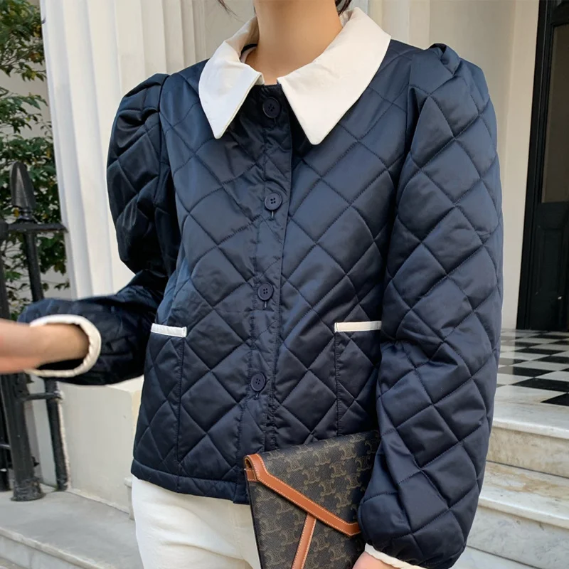 

Korea Temperament Lapel Contrast Coat Rhombic Check Design Loose Long Sleeve Double Pocket Quilted Shell Down Jacket Women N097
