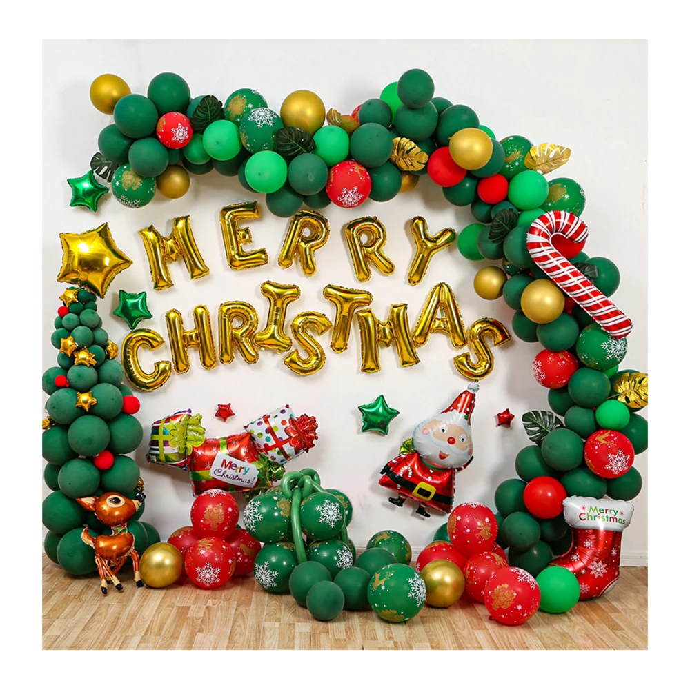 

Merry Christmas Balloon Arch Garland Kit - 180 Pcs Green Red White Gold Balloons with Santa Claus,Xmas Tree Foil Mylar Xmas