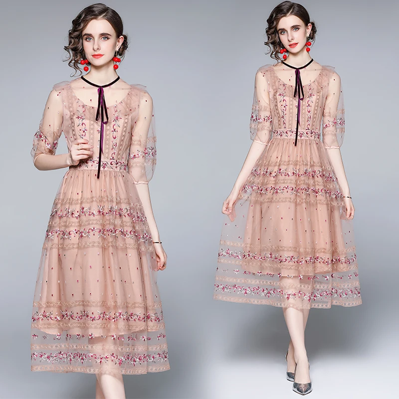 

Women's Puff Sleeve Bow Tie Collar Lace Mesh Flower Embroidery Evening Party Tulles Vestidos Elegant Runway Autumn Dress 9941