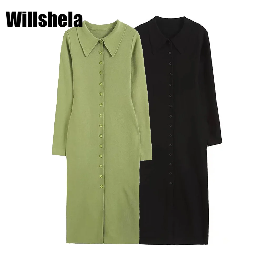 

Willshela Women Fashion Knit Shirt Dress with Polo-collar Long Sleeves Single-breasted Chic Lady Woman INS Style Midi Dresses