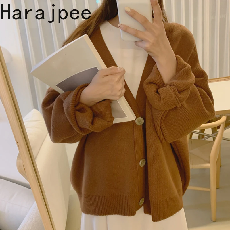 

Вязаный кардиган Harajpee, утепленный свитер, свободный однотонный однобортный свитер с V-образным вырезом в Корейском стиле, новинка сезона ос...