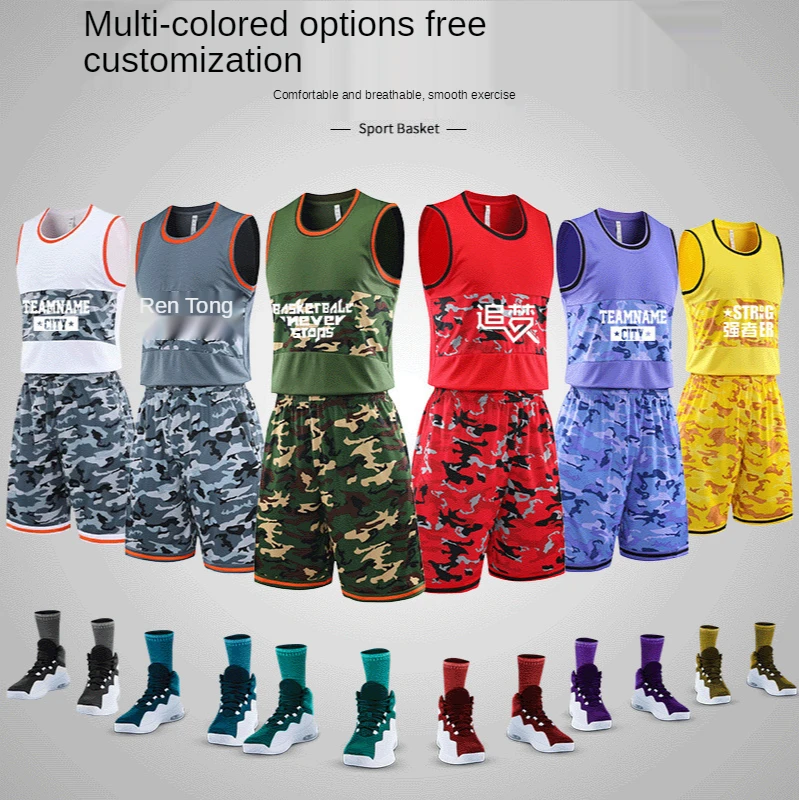 

Camouflage basketball uniform suit men's sports running training competition vest custom jersey double side pockets