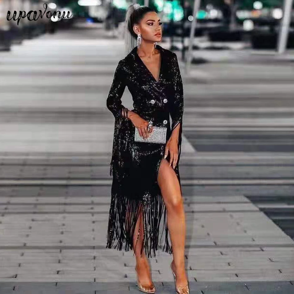Новинка, Осеннее женское роскошное вечернее платье с блестками, vestidos, сексуальное черное платье с длинным рукавом и кисточками, глубокий v-образный вырез, Клубные платья