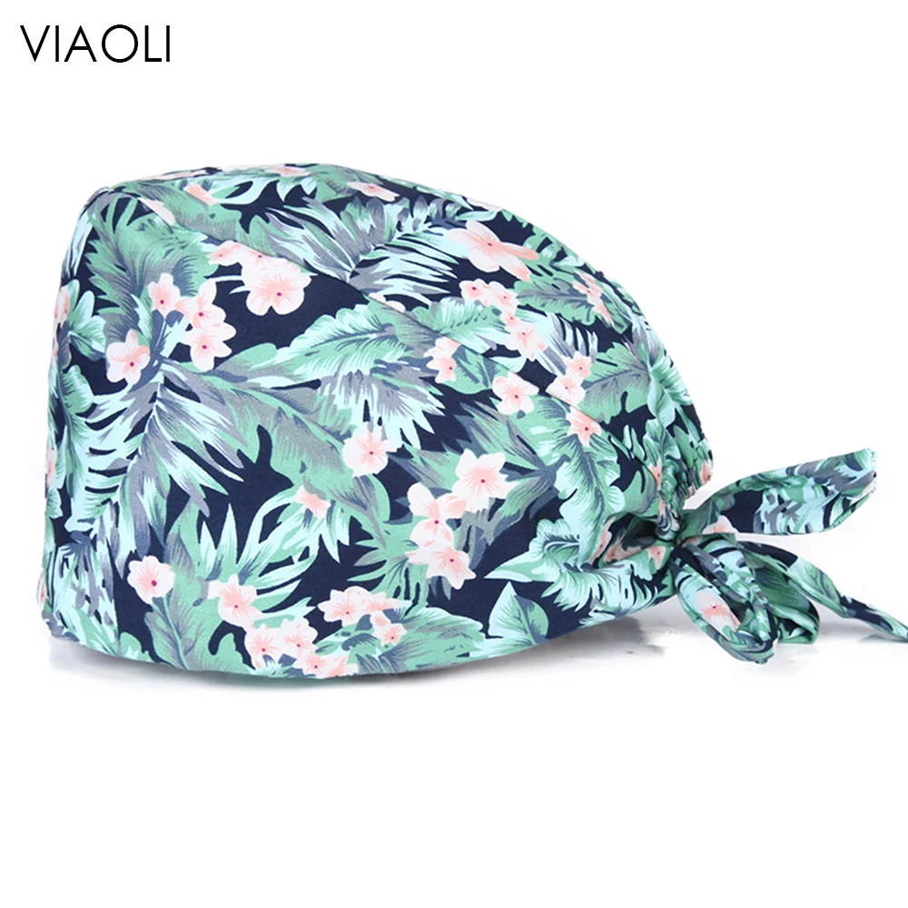 

wholesale Multicolor Floral printing sweat-absorbent Scrub hats Beautician cute working hats unisex spa Breathable Scrubs caps