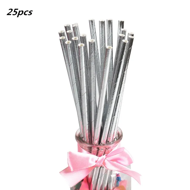 Silver Straw 25pcs 25 шт одноразовые столовые приборы из фольги розового золота, бумажные соломинки для питья на свадьбу, вечеринку, день рождения, украшения, вечерние принадлежности, бумажные соломинки - Цвет: Silver Straw 25pcs
