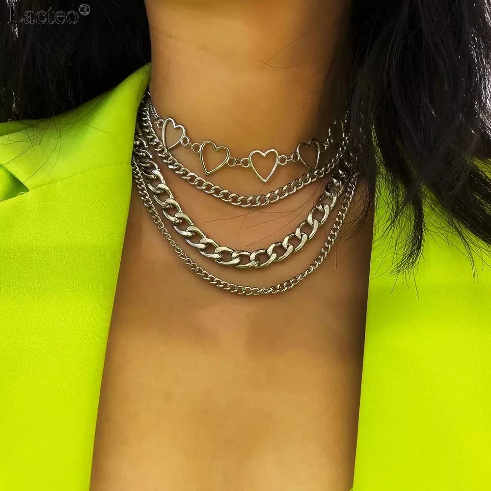 

Lacteo Punk Silver Color Love Heart Clavicle Chain Choker Necklace Jewelry Women Fashion Multi Layer Short Collar Charm Necklace