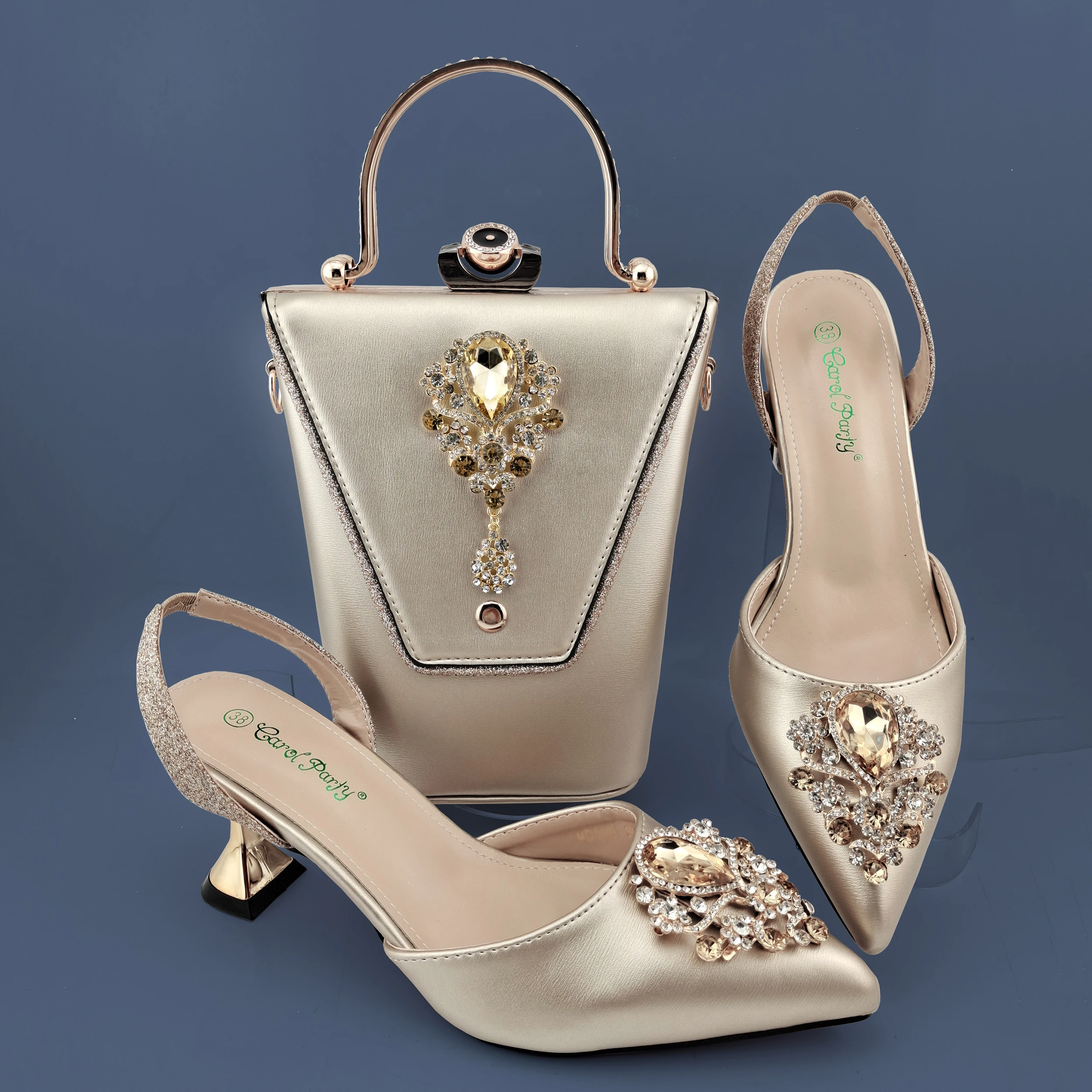 Carol Party 2022 Gold Color Luxury elegant party shoes ladies shoe and bag set Wedding Party shoe An