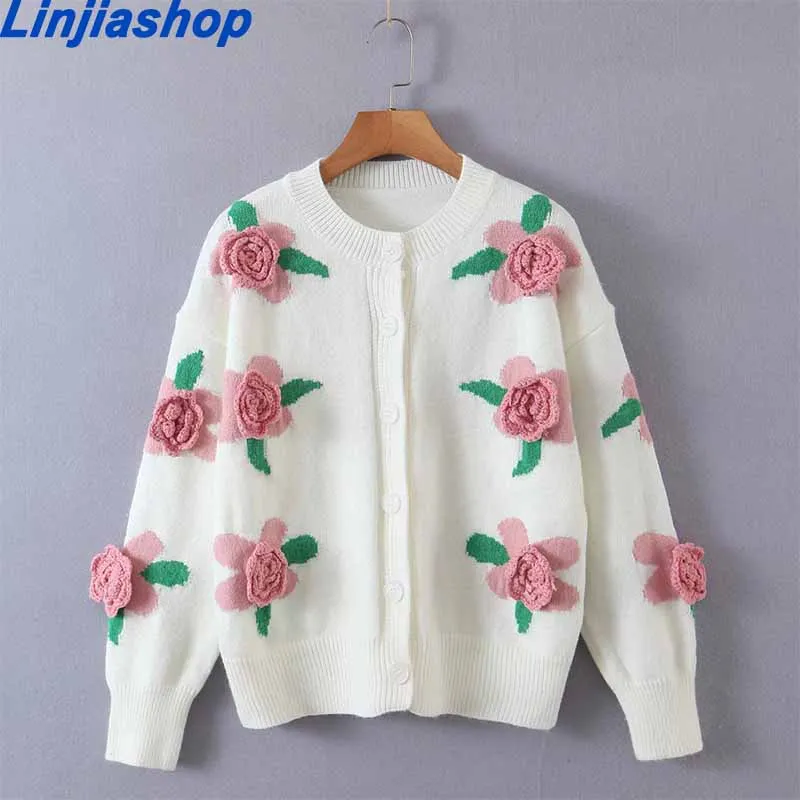 

Female Vintage Knitwear Cardigan Jacket Preppy Style Women's Heavy Industry Rose Embroidery Sweater Coat Autumn Winter Tops