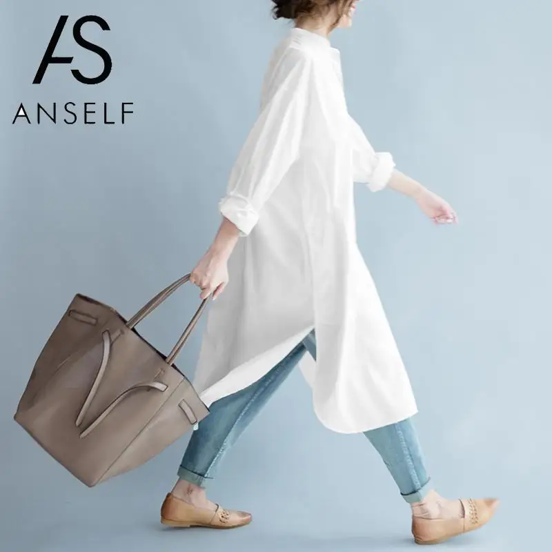 Женская свободная рубашка с карманами ANSELF однотонная блузка круглым вырезом и