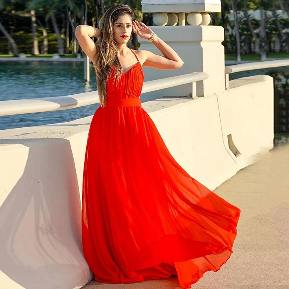 

Женское шифоновое платье на тонких бретельках, с V-образным вырезом, без рукавов