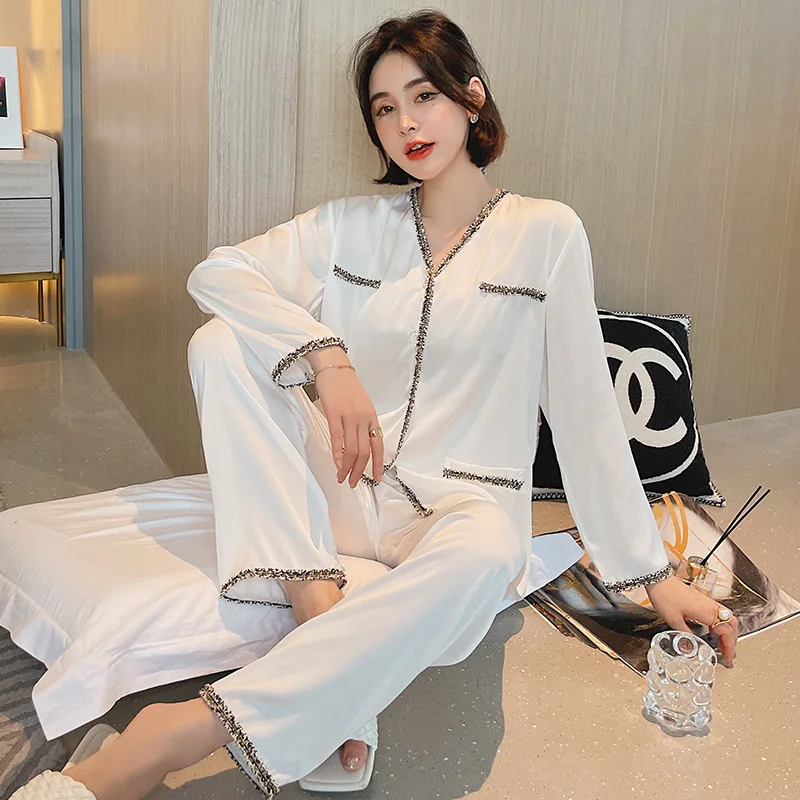 

Spring Autumn Pyjama Satin Long Sleeve Korean Thin Schlafanzug Damen Simple Sexy Nightwear Satin Pajamas Women Home Service Sets