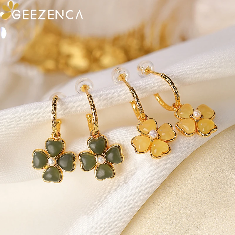 

GEEZENCA S925 Silver Gold Plated Four Leaf Clover Jade Amber Stud Earrings For Women Chic Trendy Cute Earring Fine Jewelry Gift