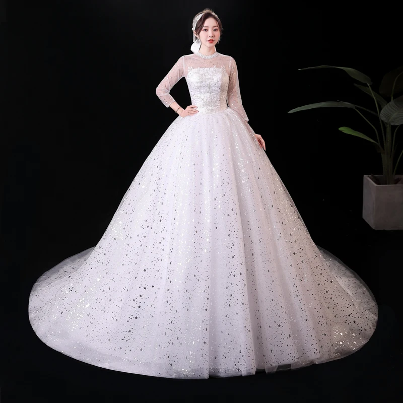 

Wedding Dresses Illusion O-Neck Full Sequined Embroidery Tulle Lace Backless Luxury White Train Vintage Women Bridal Gown FB611