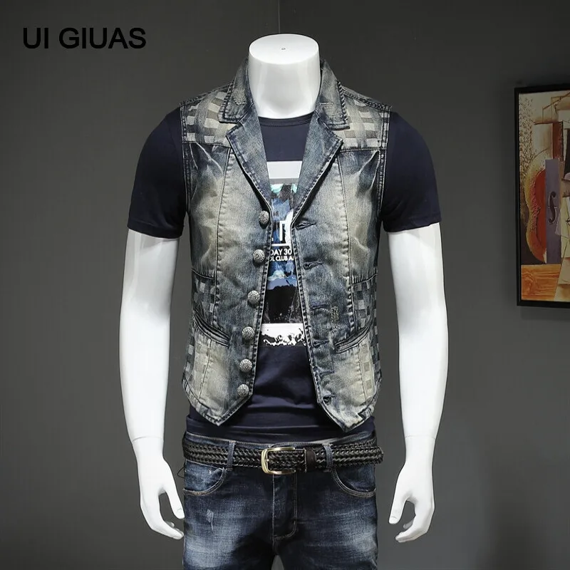

Брендовая мужская джинсовая куртка UI GIUAS, модный Индивидуальный стиль, маленький жилет, костюм, мужские джинсовые куртки, одежда с вышивкой ...