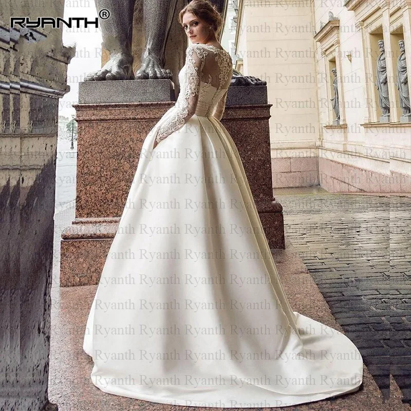 

Vestidos de noiva Fashion Long Sleeves Satin Boho Wedding Dress With Pockets 2020 New Arrival Lace Beach Wedding Gowns