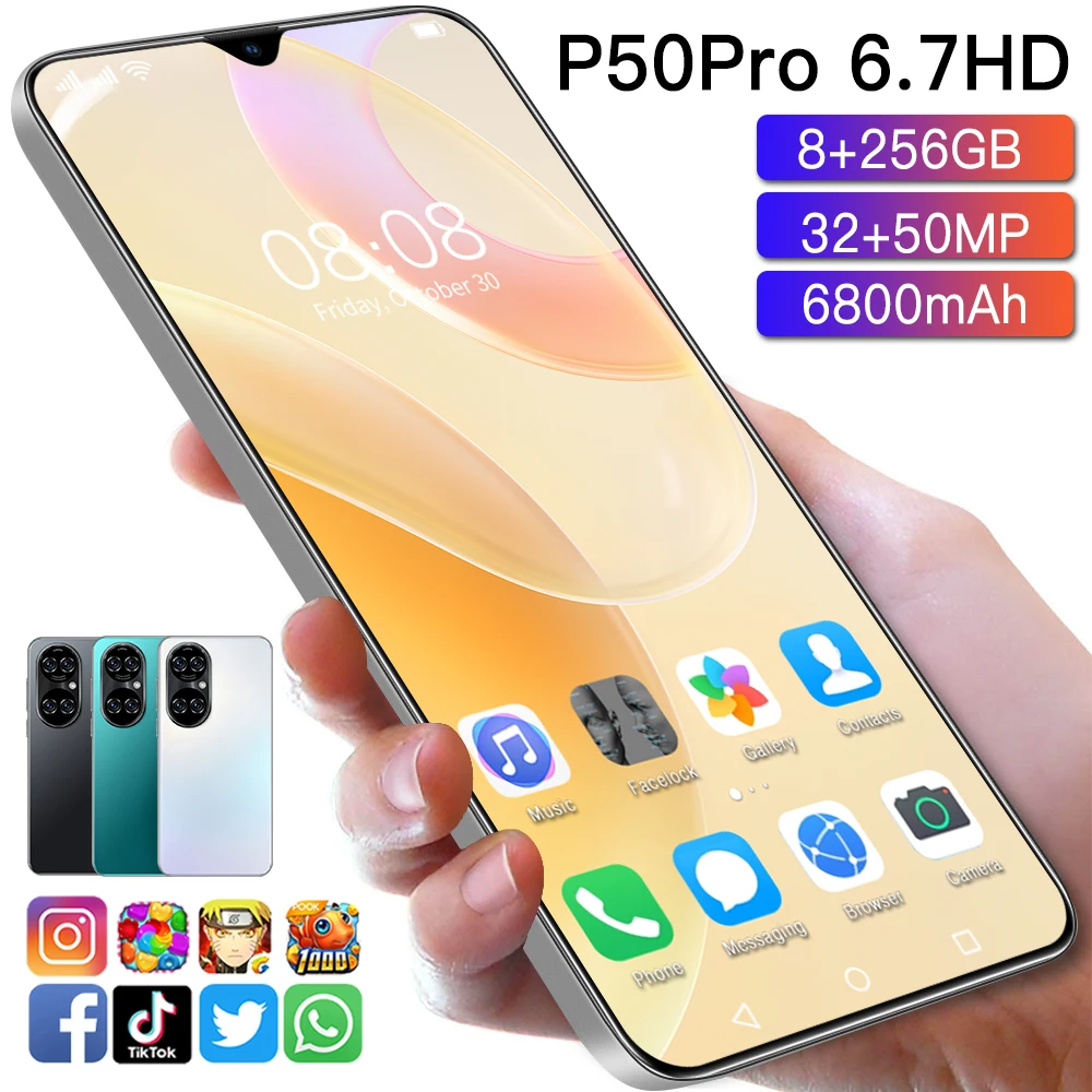 

Global Version P50 Pro Water Drop Screen 6.7 Inch 3D Glass Back Cover Smart Phone 8+256GB Andriod 11 GPS Qualcomm 888 Cellphones
