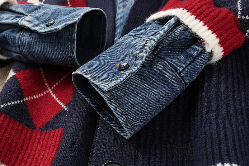 

[EAM] Loose Fit Plaid Knitting Big Size Denim Jacket Lapel Collar Long Sleeve Women Coat Fashion Spring Autumn 2021 1DD4624