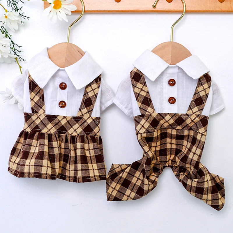 

Pet Couples Dress Dog Clothes Plaid Splicing Spring Autumn Dogs Jumpsuit Gentleman Pets Overalls Cat Dresses Ladies Puppy Skirt